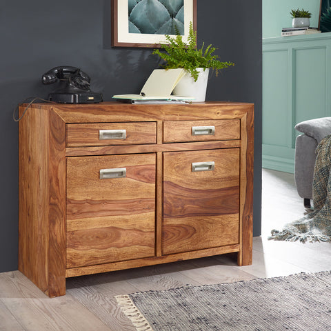 Rootz Sideboard - Sheesham Wood - 2 Drawers, 2 Doors - Design Highboard - Country Style - Brown Natural - 90cm Chest