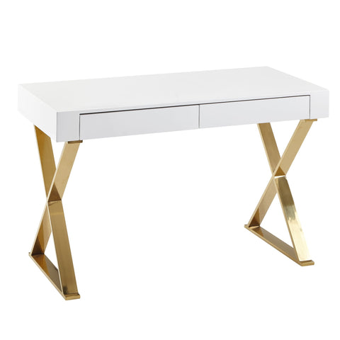 Rootz Desk - Golden Metal Legs - Modern Design Computer Desk - Office Desk with Drawers - Wood High Gloss White - 118x76x57 cm