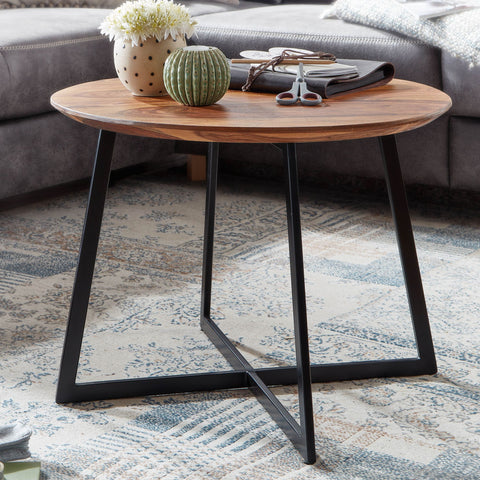 Rootz Coffee Table - Round Metal Coffee Table - Modern Design for Living Room - Small Side Table - Solid Sheesham Wood - 60x60x45 cm