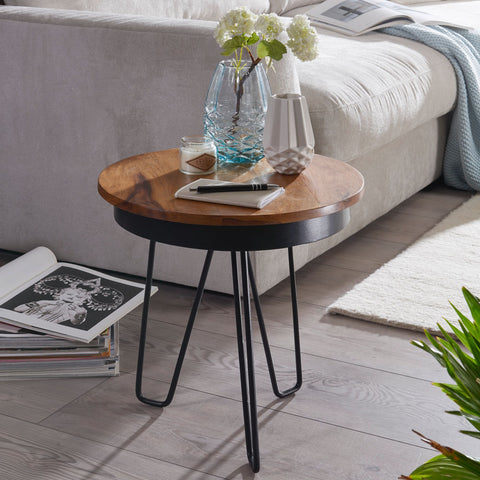 Rootz Side Table - Sheesham Wood - Metal Coffee Table in Industrial Style - 43x45x43cm