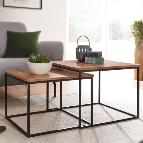Rootz Side Tables - Metal Angular Design - Set of 2 Acacia Wood Coffee Table with Metal Legs - 2-Piece Nesting Table