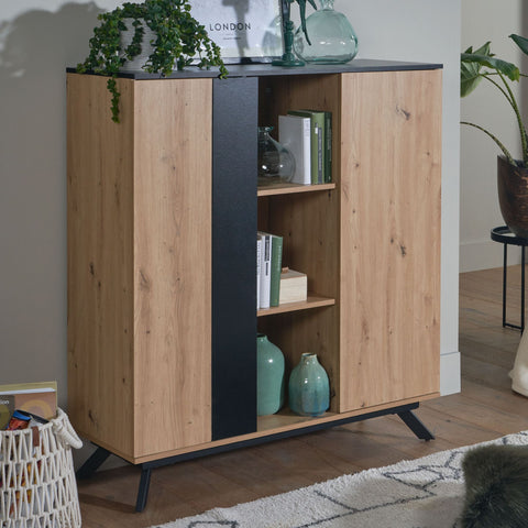 Rootz Highboard - Oak Decor with Black MDF - Modern Freestanding Sideboard with 2 Doors and Shelf - Metal Legs - 110x125x40 cm