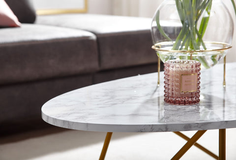 Rootz White Marble Look Coffee Table - Metal Frame Living Room Table - Oval Lounge Table - 120x40x60 cm