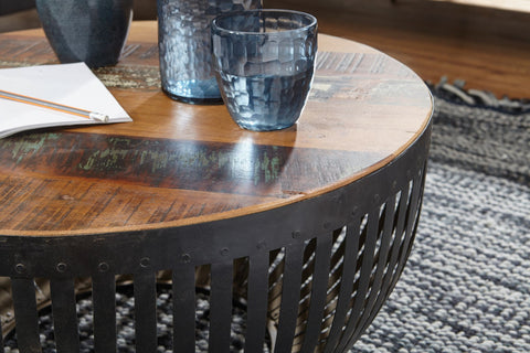 Rootz Coffee Table - Wood & Metal - Industrial Living Room Table - Wire Basket Table - Round Design Lounge Table - 70x33x70cm