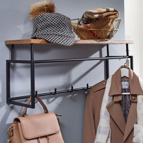 Rootz Wall Wardrobe - Mango Wood Metal - Design Hook Rail with Shelf and Clothes Rail - Wooden Hallway Wardrobe -  71x29x20 cm