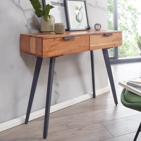 Rootz Console - Metal Console with Drawers - Small Desk, Modern Dressing Table - Solid Hall Table - Acacia Solid Wood - 90x78x36cm