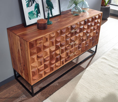 Rootz Sideboard - Metal Sideboard with Two Doors - Industrial Chest of Drawers - Living Room Standing Cabinet - Solid Sheesham Wood - 145x81x45 cm