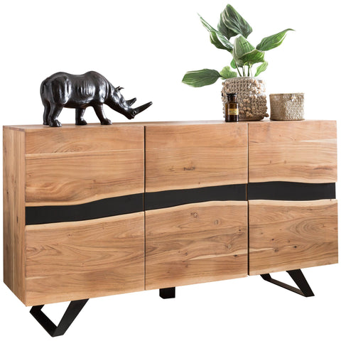 Rootz Sideboard - Natural Tree Edge - Solid Acacia Wood - Country Style Highboard with 3 Doors - Hallway Cabinet Dresser - 148x85x43cm