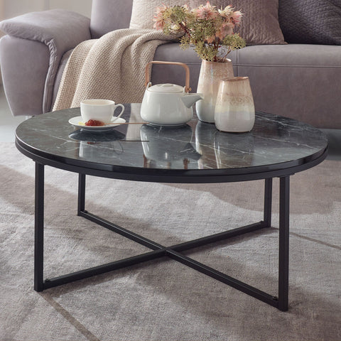 Rootz Coffee Table - Black Marble Look - Metal Frame Living Room Table - Round Table with Side Table - 80x36x80 cm