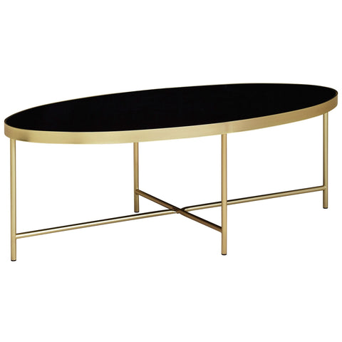 Rootz Coffee Table - Black Glass - Gold Metal Frame - Large Living Room Lounge Table - Oval - 110 x 56 cm