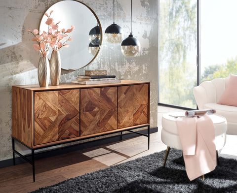 Rootz Sideboard - Industrial Metal Sideboard with Doors - Modern Chest of Drawers - Living Room Cabinet - Solid Sheesham Wood - 123x70x45 cm