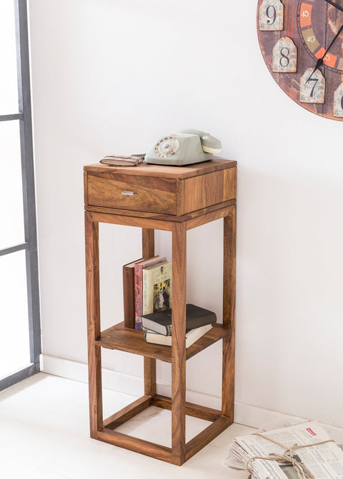 Rootz Side Table - Sheesham - Solid Wood Telephone Table with Drawer - 35x35x90cm