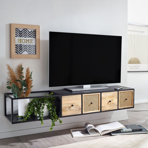 Rootz TV Stand - Hanging Lowboard - Modern Design TV Cabinet - Wall-Mounted TV Unit - Hanging TV Dresser - Black - Mango Solid Wood and Metal - 150x25x35 cm
