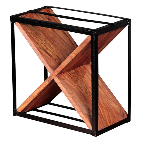 Rootz Wine Rack - Sheesham Wood - Metal Frame X-Shaped Stand Shelf for Approximately 16 Bottles
