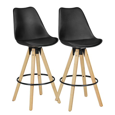Rootz Bar Stools - Retro Design - Black Wood with Backrest - Scandinavian Style Bar Chairs (Set of 2) - 77 cm Seat Height