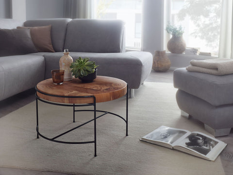 Rootz Coffee Table - Round Living Room Table with Metal Legs - Small Designer Industrial Table - Acacia Solid Wood - Metal - 62x40x62 cm