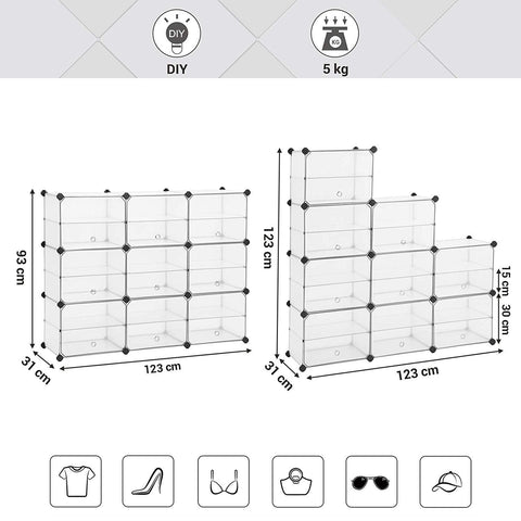 Rootz Shoe Cabinet Transparent - Storage Cabinet - Transparent Shelf Cabinet - Shoe Cabinets - 9 Pairs of Shoes - 123 x 31 x 93 cm